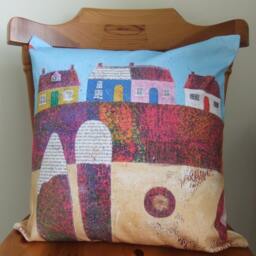 Beach Cushion Cover, Cottages Cushion, Coastal Cottages, Colourful Art Panama Cotton Cushion - thumbnail 2