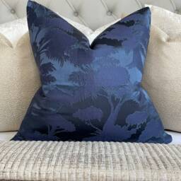 Navy Cushion Cover, Decorative Sofa Pillow Cover - Jacquard John Lewis & Partners Fabric Fougere Made in Uk, Double Sided, Tree Design - thumbnail 1