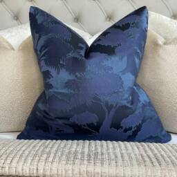 Navy Cushion Cover, Decorative Sofa Pillow Cover - Jacquard John Lewis & Partners Fabric Fougere Made in Uk, Double Sided, Tree Design - thumbnail 4