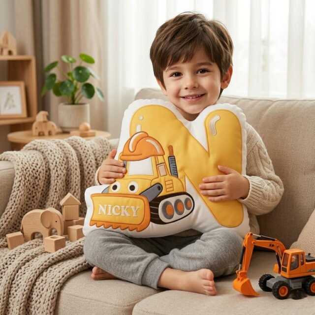 Personalized Name Letter Pillow, Initial Pillow With Name, Alphabet Excavator Boy, Toddler Room Decor, Nursery Throw, Birthday Gift - image 1