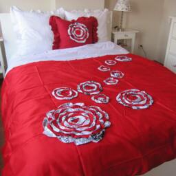 Red Shabby Chic Bedding - Black White Bloom Flower Dahlia Duvet Cover - Flower Applique - Queen/King Bohemian Bedding - Nurdanceyiz Turkey - thumbnail 2