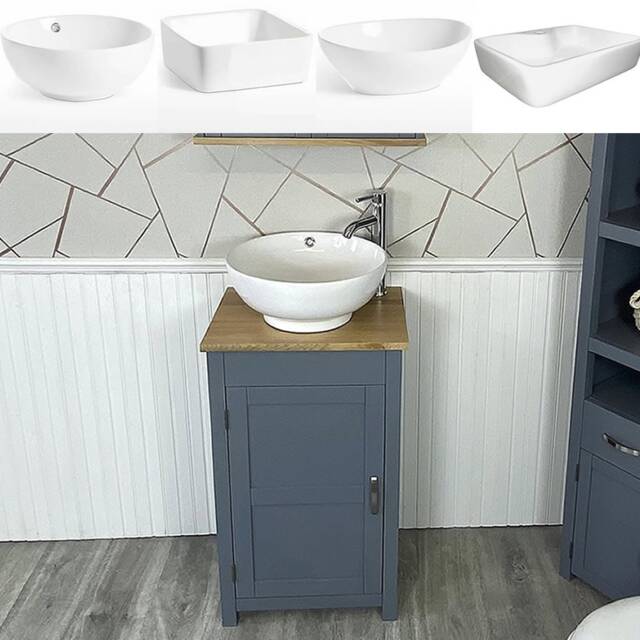 Small Compact Oak Bathroom Modern Vanity Cabinet & Ceramic Basin 308G - image 1