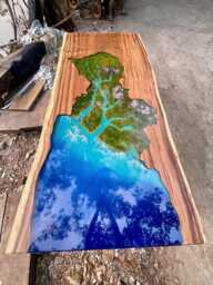 Personalized River Resin Dining Table Live Edge Wood With Moss Landscape