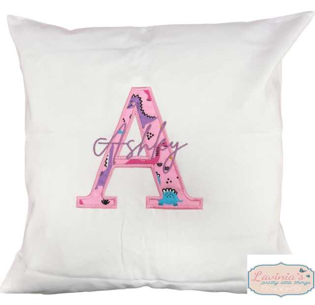 Personalised Embroidered Dinosaur Initial Cushion, Pink Dino Decor - image 1