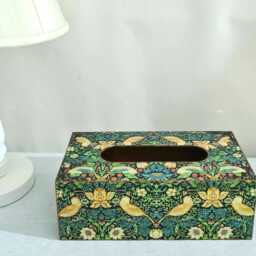 William Morris Wooden Tissue Cover Box, Strawberry Thief Floral Bird Design, Handcrafted - thumbnail 2