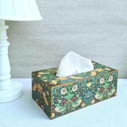 William Morris Wooden Tissue Cover Box, Strawberry Thief Floral Bird Design, Handcrafted