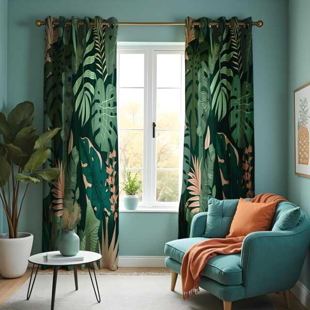 Tropical Greenery Curtains, Monstera Leaf & Botanical Print Window Treatments, Green Palm Leaves Drapes, Custom Curtain Panels - image 1