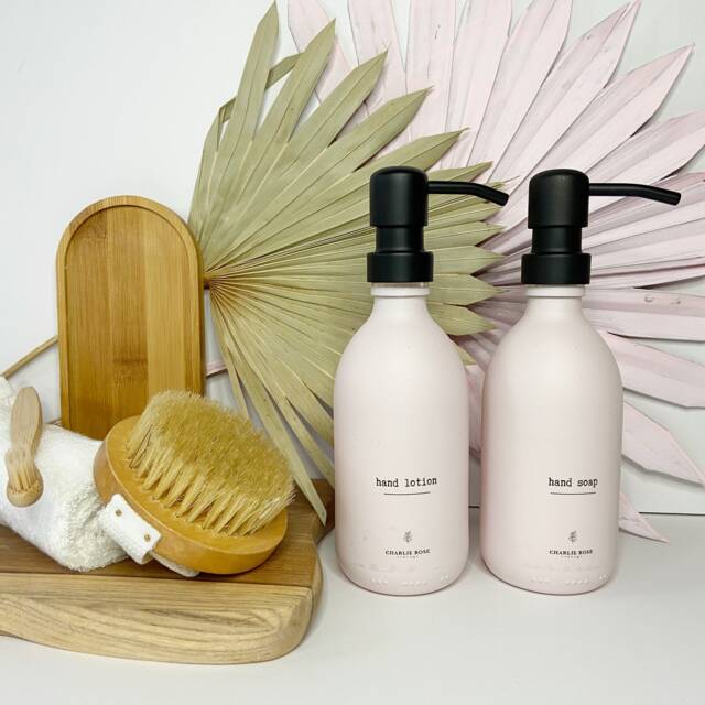 New Pink Glass Refillable Bottle 500Ml, Waterproof Label, Stainless Steel Pump, Soap Dispenser - image 1