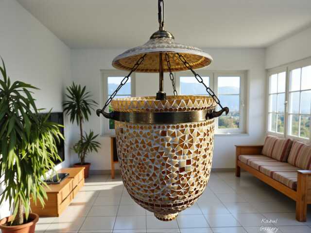 Very Large Glass Brass & Metal Etched Mosaic Bell Jar Pendant Lamp Shown in Standard Antiqued Bronze Finish No-9 - image 1