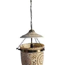 Very Large Glass Brass & Metal Etched Mosaic Bell Jar Pendant Lamp Shown in Standard Antiqued Bronze Finish No-9 - thumbnail 2