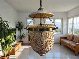 Very Large Glass Brass & Metal Etched Mosaic Bell Jar Pendant Lamp Shown in Standard Antiqued Bronze Finish No-9