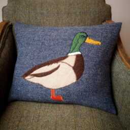 New Mallard Duck Embroidered Harris Tweed Cushion Cover - thumbnail 3