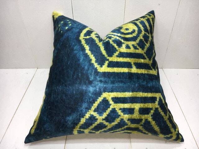 Ikat Velvet Pillow Cover, Handwoven Silk Blend, Turkish Home Decor - 20x20 - image 1