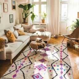 Moroccan White Colorful Berber Rug, Handwoven Wool Shag Rug With Diamond Motifs, Authentic Beni Ourain Style Carpet, Large Area - thumbnail 3