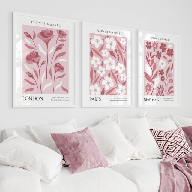 Flower Market Prints, Pink Bedroom Botanical Art Living Room Posters, Floral Pictures, Wall - image 1