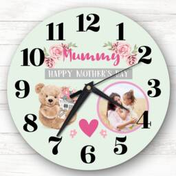Mummy Mother's Day Gift Bear Photo Green Personalised Clock - thumbnail 1