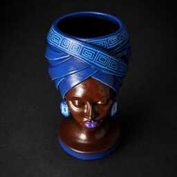 Navy Headwrap Planter - Black Woman Bust Plant Pot, African Face Vase - thumbnail 4