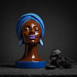 Navy Headwrap Planter - Black Woman Bust Plant Pot, African Face Vase - thumbnail 3
