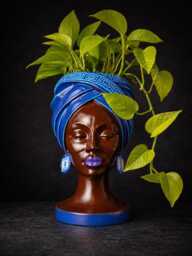 Navy Headwrap Planter - Black Woman Bust Plant Pot, African Face Vase