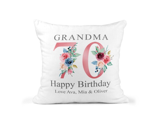 70Th Birthday Gift For Women, Personalised Cushion/Pillow Nanny With Kids Names, Floral Design, Grandma, Gran, 1951