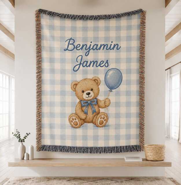Personalized Woven Teddy Bear Blanket, Baby Girl Nusery Custom Name Newborn Throw Blanket - image 1