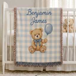 Personalized Woven Teddy Bear Blanket, Baby Girl Nusery Custom Name Newborn Throw Blanket - thumbnail 2