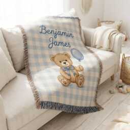 Personalized Woven Teddy Bear Blanket, Baby Girl Nusery Custom Name Newborn Throw Blanket - thumbnail 3