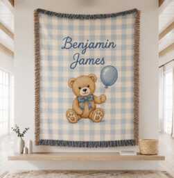 Personalized Woven Teddy Bear Blanket, Baby Girl Nusery Custom Name Newborn Throw Blanket
