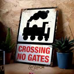 Crossing No Gates Metal Sign - Hobby Train Set Collection Room Vintage Worn Rusty Look Print Steam Train Platform - thumbnail 1