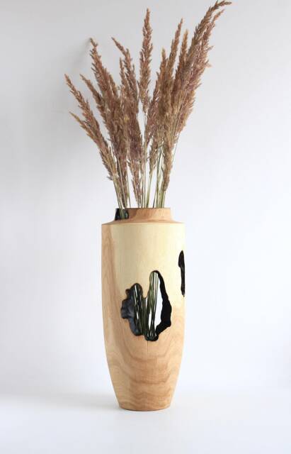 Handcarved Oak Wood Floor Vase Fractal Burning Art Decor - image 1