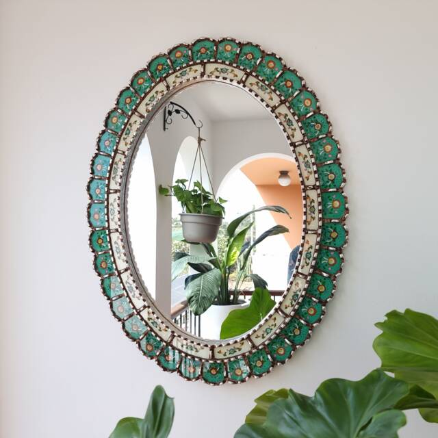 Peruvian Turquoise Silver Oval Mirror70cm Handmade Wall Decor-Carved Wood Elegant Statement Mirror For Living Room Bedroom Bathroom Entryway - image 1