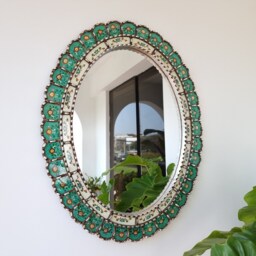 Peruvian Turquoise Silver Oval Mirror70cm Handmade Wall Decor-Carved Wood Elegant Statement Mirror For Living Room Bedroom Bathroom Entryway - thumbnail 2