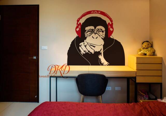Banksy Style Wall Decal Monkey With Headphones, Chimp Head Listening To Music Earphones Dj Vinyl Sticker, Street Art Sticker-Dk329 - image 1