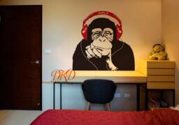 Banksy Style Wall Decal Monkey With Headphones, Chimp Head Listening To Music Earphones Dj Vinyl Sticker, Street Art Sticker-Dk329 - thumbnail 1