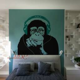 Banksy Style Wall Decal Monkey With Headphones, Chimp Head Listening To Music Earphones Dj Vinyl Sticker, Street Art Sticker-Dk329 - thumbnail 2