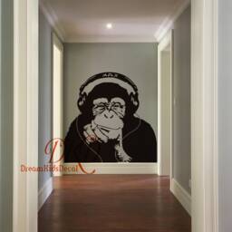 Banksy Style Wall Decal Monkey With Headphones, Chimp Head Listening To Music Earphones Dj Vinyl Sticker, Street Art Sticker-Dk329 - thumbnail 3