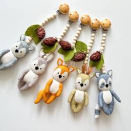 Woodland Stroller Mobile, Forest Animals Toys Set, Accessory, Lanyard, Pram Felt Toy, Neutral Gender Gift - thumbnail 2