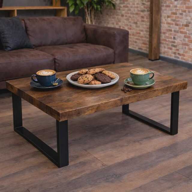 Grantham Rustic Industrial Coffee Table - Handmade Wood With Square Legs - image 1