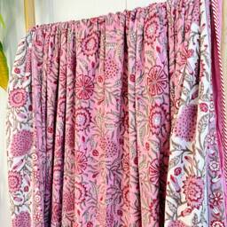 Pure Soft Cotton Indian Floral Dohar Reversible Bed/Sofa Throw Summer Quilted King Size Handmade Handprinted Old Rose Pink White Red Beige - thumbnail 4