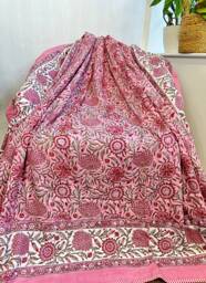 Pure Soft Cotton Indian Floral Dohar Reversible Bed/Sofa Throw Summer Quilted King Size Handmade Handprinted Old Rose Pink White Red Beige - thumbnail 1