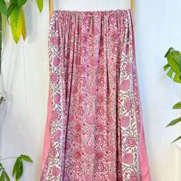 Pure Soft Cotton Indian Floral Dohar Reversible Bed/Sofa Throw Summer Quilted King Size Handmade Handprinted Old Rose Pink White Red Beige - thumbnail 2