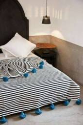 Boho Style Pom Blanket - Handmade Tassel Moroccan Organic Cozy Throw Bedroom Gift - thumbnail 1