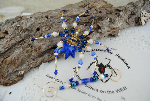 Blue Cloisonn?? Maple Ivy Leaf Beaded Christmas Spider Ornament With Legend, Great Unique Secret Santa Gift, Treasures By Tiziana?? - image 1