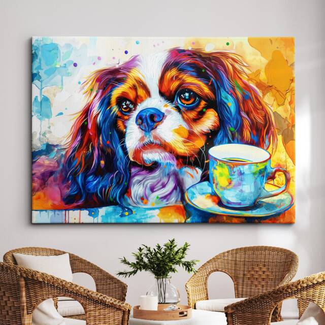 King Charles Spaniel Coffee Mug Painting Framed Poster Print & Canvas Wall Decor Art Cafe Kitchen Room Dog Gift Pet - image 1