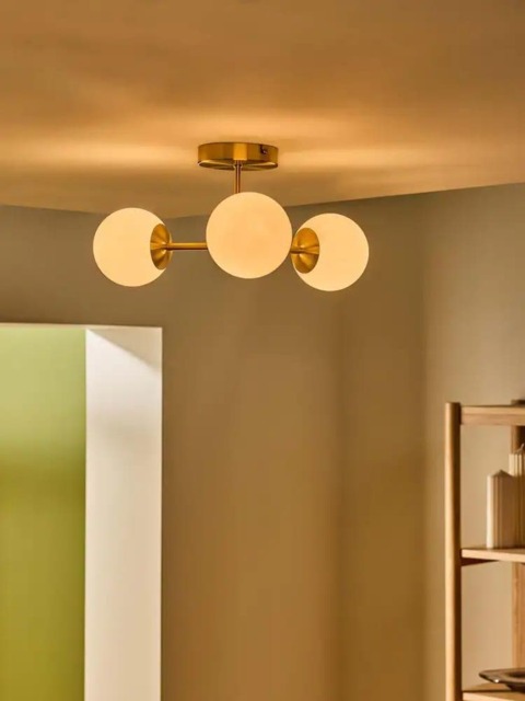 Raw Brass Mid-Century Modern 3-Globe Opal Glass Ceiling Light - image 1