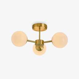 Raw Brass Mid-Century Modern 3-Globe Opal Glass Ceiling Light - thumbnail 3