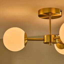 Raw Brass Mid-Century Modern 3-Globe Opal Glass Ceiling Light - thumbnail 2