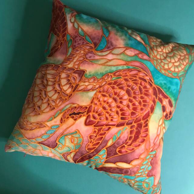 Sea Green & Caramel Turtle Throw Pillow - Now Half Price Square Settee Cushion Statement Sofa Swimming Turtles - image 1