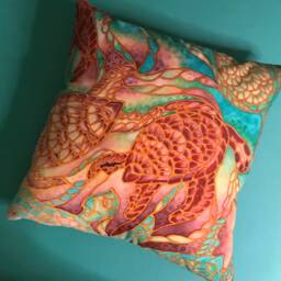 Sea Green & Caramel Turtle Throw Pillow - Now Half Price Square Settee Cushion Statement Sofa Swimming Turtles - thumbnail 1