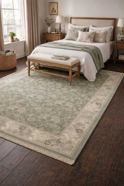 Hand Knotted Wool Rug, Traditional Botanical Transitional, Ivory Moss Home Decor - image 1